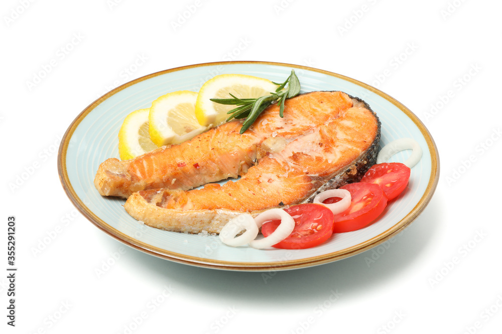 Plate with grilled salmon isolated on white background Plate with grilled salmon isolated on white background