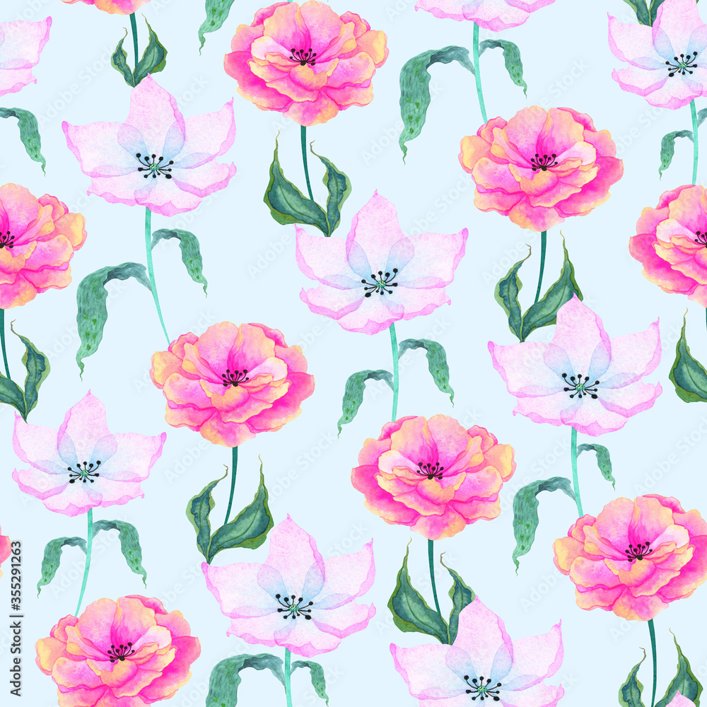 Seamless pattern of pink watercolor flowers and greenery.