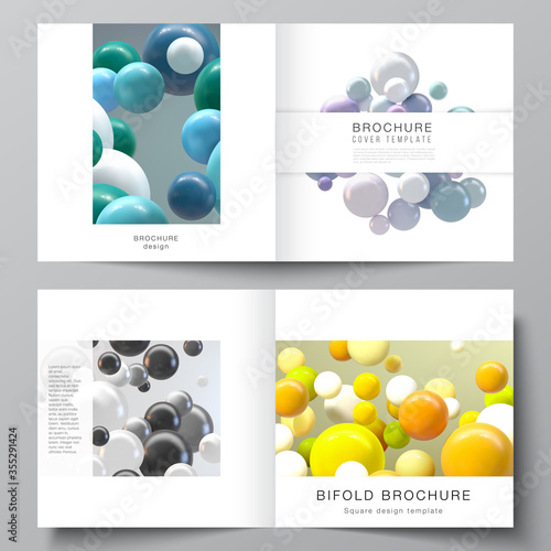 Vector layout of two covers templates for square bifold brochure, flyer, magazine, cover design, book design. Abstract vector futuristic background with colorful 3d spheres, glossy bubbles, balls.