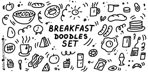 Breakfast doodles icon set. Hand drawn lines cartoon food icons collection. For restaurants, cafes, menu, textile prints, web and graphic design. Vector illustration.