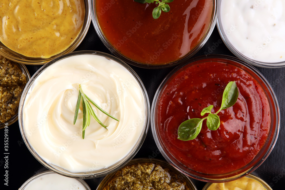 Sauces Assortment. Set of various sauces in bowls with ketchup, mayonnaise and mustard