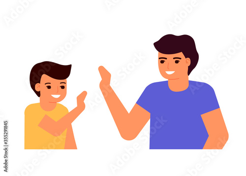 Happy young dad and son. Family informal communication, consent. High five. Father's day. Vector illustration on white background