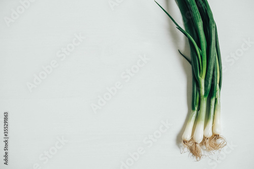 Bunch of fresh green onions on a white wooden background. Top view. Copy, empty space for text