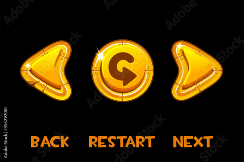 Vector isolated golden buttons back, next, return and inscription.