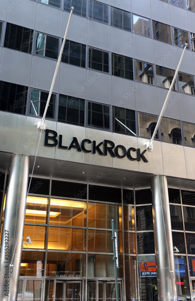 An entrance to the BlackRock World headquarters building in New York