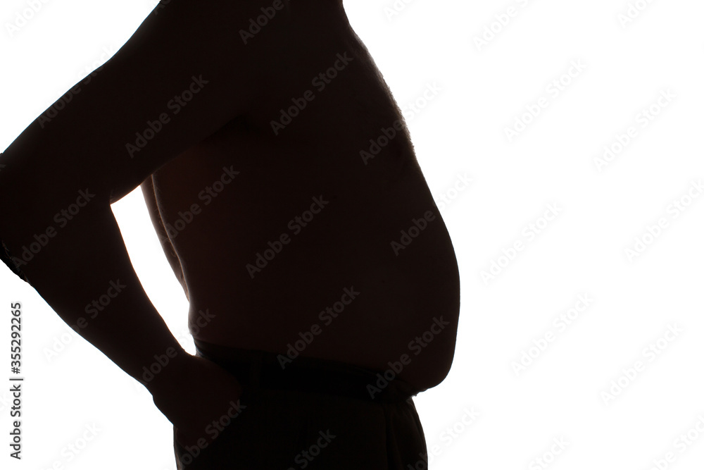 Silhouette of an adult man on a white isolated background with the big fat belly overweight.