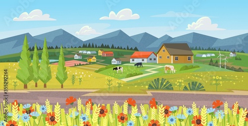 Rural landscape with field, flovers, grass and cows. Ecologically clean area with blue sky and clouds. Village in the summer. Vector stock flat style illustration or background for eco products, banne