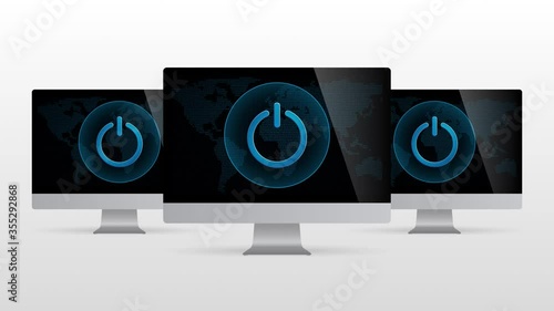 Digital world desktop device with power button. Realistic computer monitor with Power symbol in screen and light gradient background.