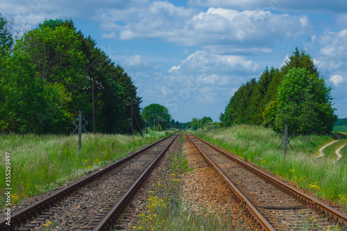 Landscape with railroad tracks, perspective rails surrounded by greenery, trees and blue sky