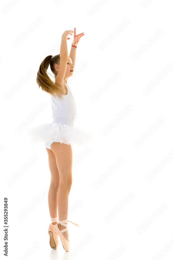 Cute little girl in a tutu and pointe shoes dancing in the studio on a white background. Cute little girl in a tutu and pointe shoes dancing in the studio on a white background.