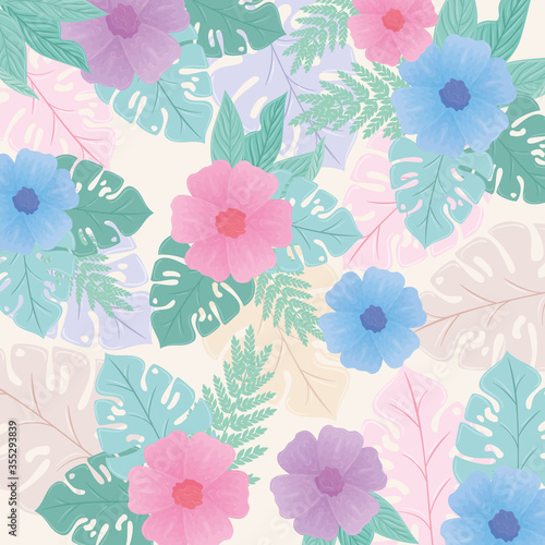 Wallpaper Mural background, tropical nature leaves with flowers of pastel color vector illustration design Torontodigital.ca