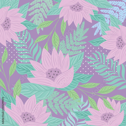 background, tropical nature leaves with flowers of pastel color vector illustration design