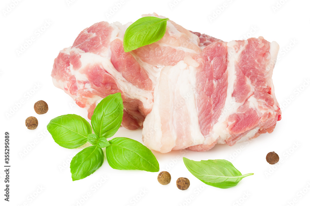Raw pork ribs with basil and peppercorns isolated on white background. top view Raw pork ribs with basil and peppercorns isolated on white background. top view