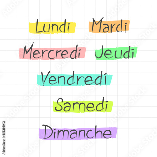 Handwritten names of the days of the week in French. Monday, tuesday etc. Vector calligraphy words for calendars and organizers
