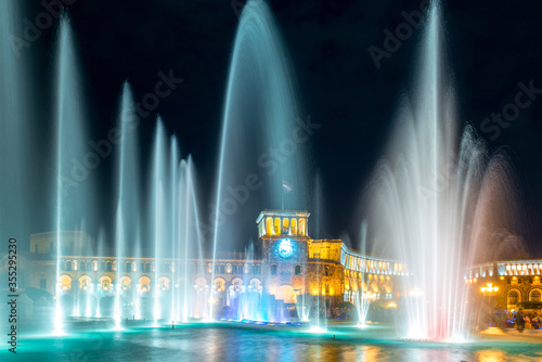 Light and water show in front of the National Art Gallery at the Republic Square in the evening. Yerevan, Armenia.