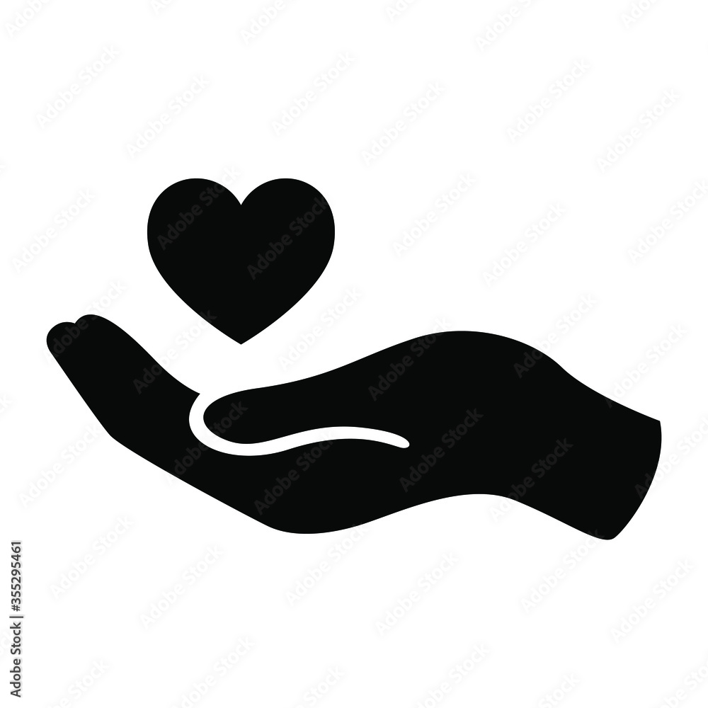 black heart on hand vector icon isolated on white background. black heart on hand vector icon isolated on white background.