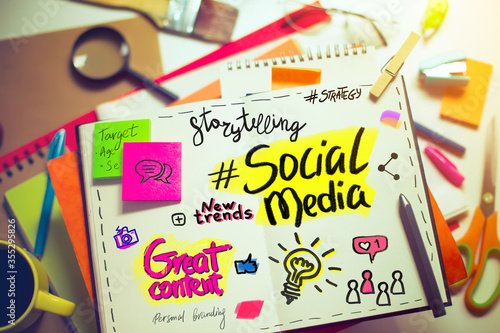 Lay out with digital colorful illustration about social media