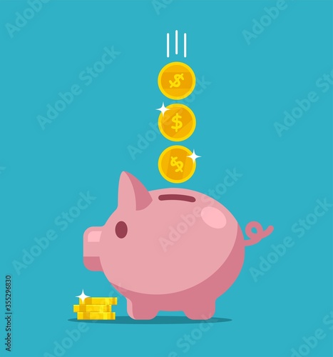 vector icon of pig bank and coins, save money in piggy bank