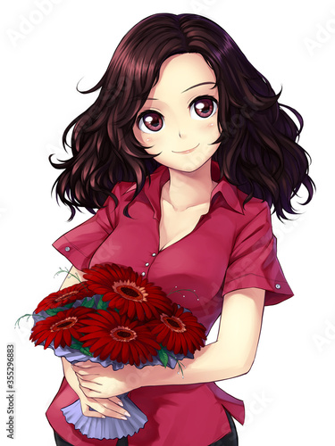 Happy cute girl with bouquet of flowers