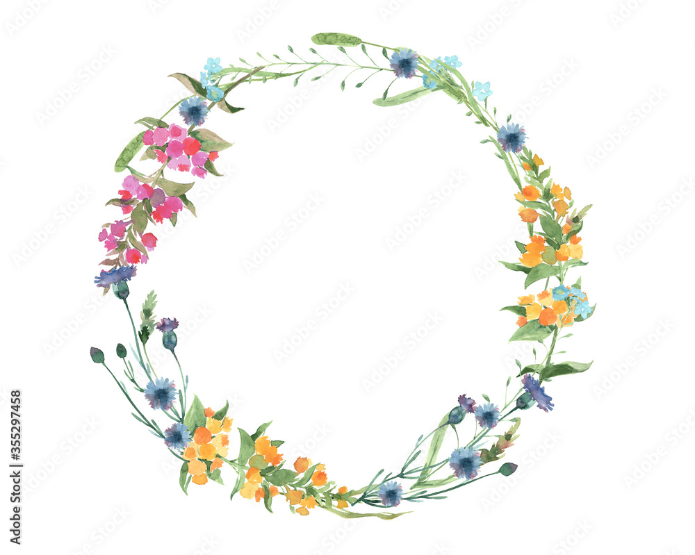 Frame with hand painted field flowers, flower wreath for summer package design or any other branding Frame with hand painted field flowers, flower wreath for summer package design or any other branding