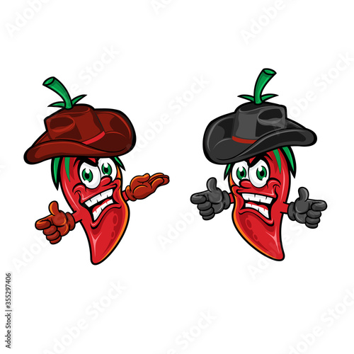 Chili Peppers with Cowboy Hat Vector Illustration Logo Set. Mascot Character Design. 