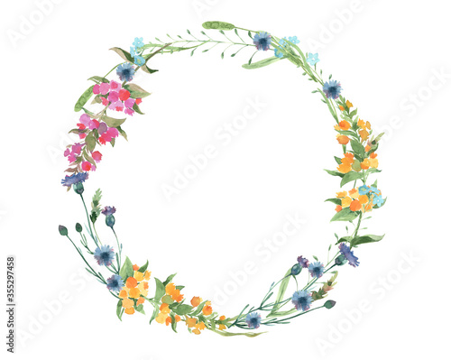 Frame with hand painted field flowers, flower wreath for summer  package design or any other branding