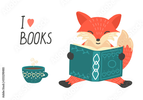 I love book. Cute little fox reading book and drinking tea.  Illustration with hand writing text.
