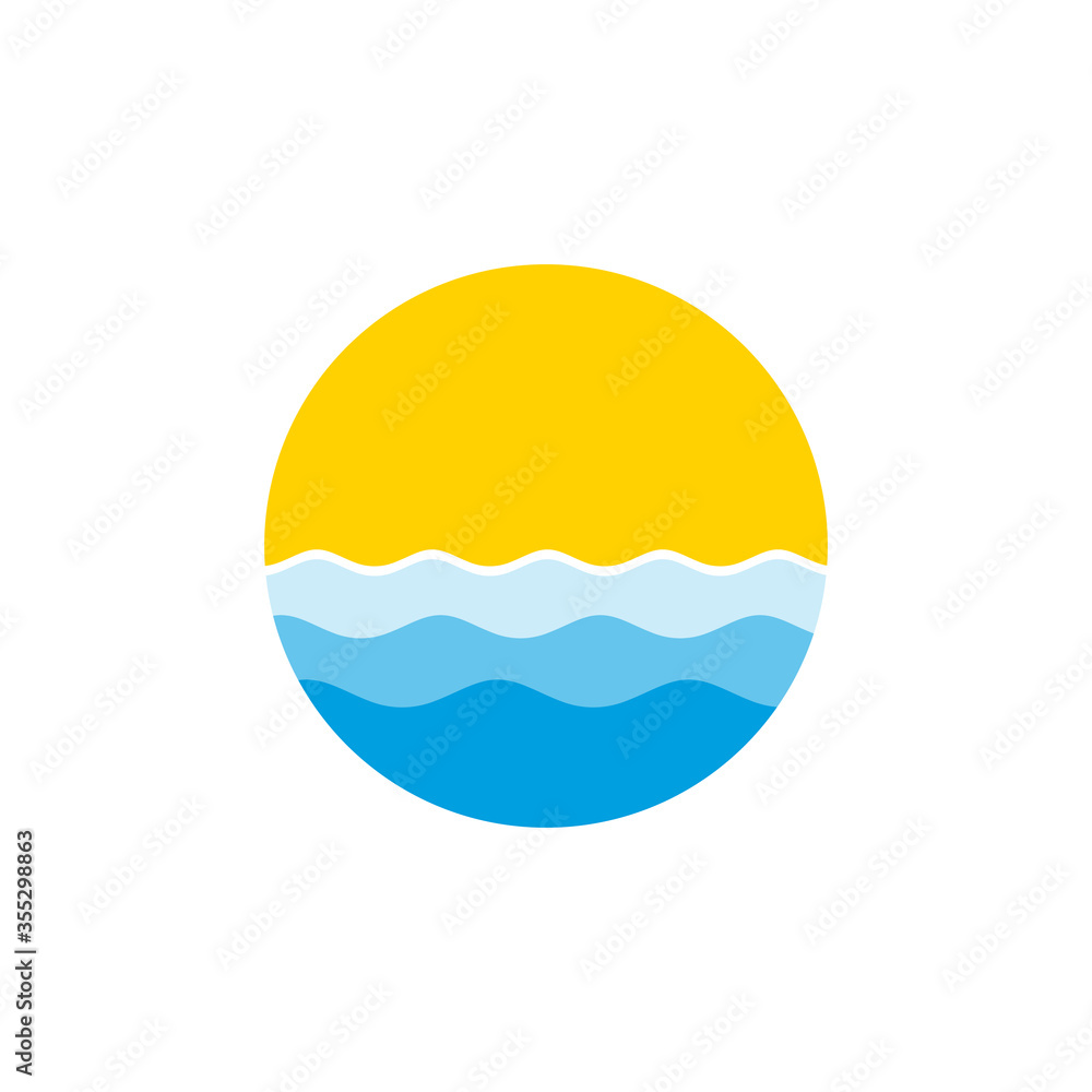 Sun and sea round logo design. summer vocation, sunrise or sunset Stock vector illustration isolated on white background.
