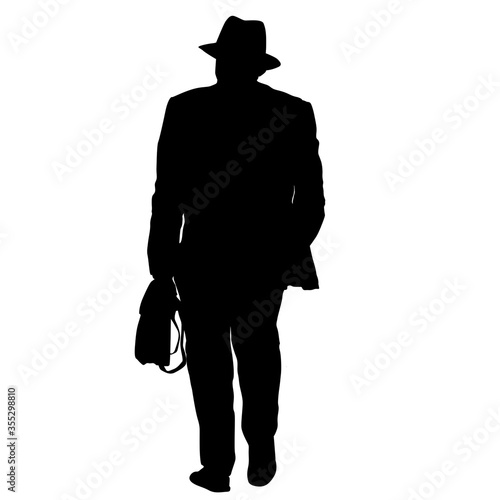 Man silhouette in suit and hat with briefcase