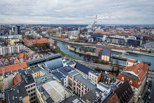 Buildings over Oder river seen from tower of St Elisabeth Church in historic part of Wroclaw, Poland