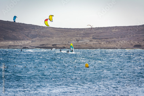 Photography Panorama of popular place for windsurfing, kitesurfing and surfing on Tenerife