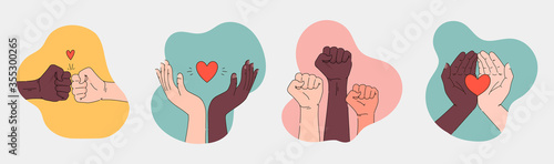 Black lives matter hand drawn poster, card collection. Hashtag blm stylised set. Black and white hands together concept. Campaign against racial discrimination of dark skin color. Vector Illustration.