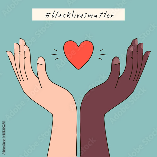 Black lives matter hand drawn poster, card collection. Hashtag blm stylised set. Black and white hands together concept. Campaign against racial discrimination of dark skin color. Vector Illustration.