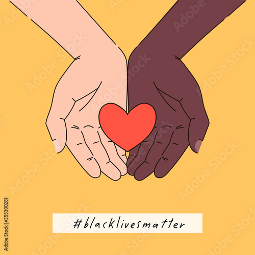Black lives matter hand drawn poster, card collection. Hashtag blm stylised set. Black and white hands together concept. Campaign against racial discrimination of dark skin color. Vector Illustration.
