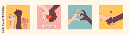 Black lives matter hand drawn poster, card collection. Hashtag blm stylised set. Black and white hands together concept. Campaign against racial discrimination of dark skin color. Vector Illustration.