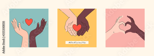 Black lives matter hand drawn poster, card collection. Hashtag blm stylised set. Black and white hands together concept. Campaign against racial discrimination of dark skin color. Vector Illustration.