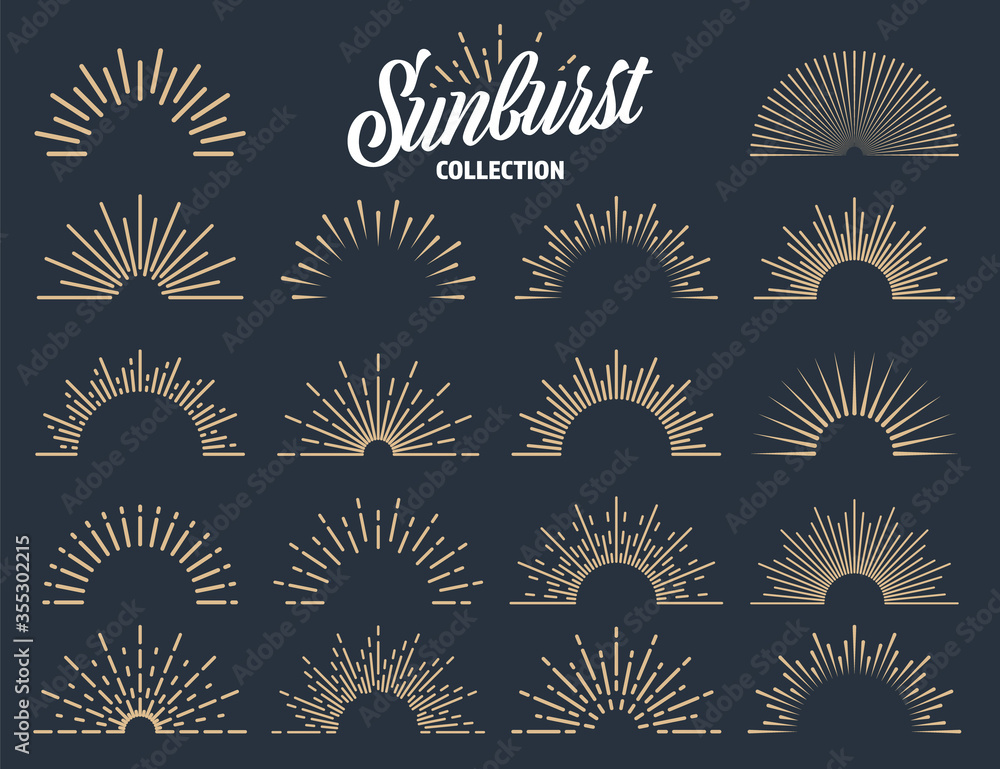 Vintage sunburst collection. Bursting sun rays. Fireworks. Logotype or lettering design element. Radial sunset beams. Vector illustration.