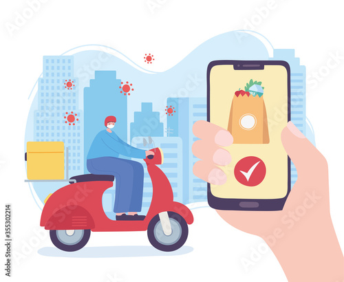 online delivery service, masked courier and smartphone, mobile app market, fast and free transport, coronavirus covid 19