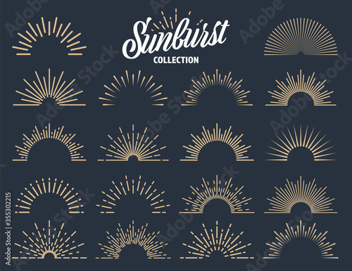 Vintage sunburst collection. Bursting sun rays. Fireworks. Logotype or lettering design element. Radial sunset beams. Vector illustration.