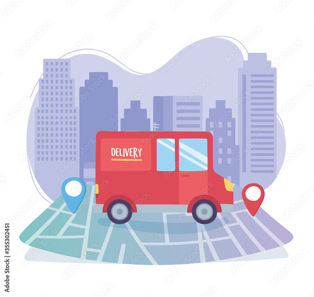 online delivery service, truck on navigation map pointer location city, fast and free transport, order shipping