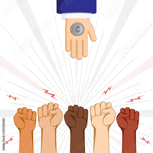 Sign of protest against lower wages. Unsuitable salary concept. Business problem