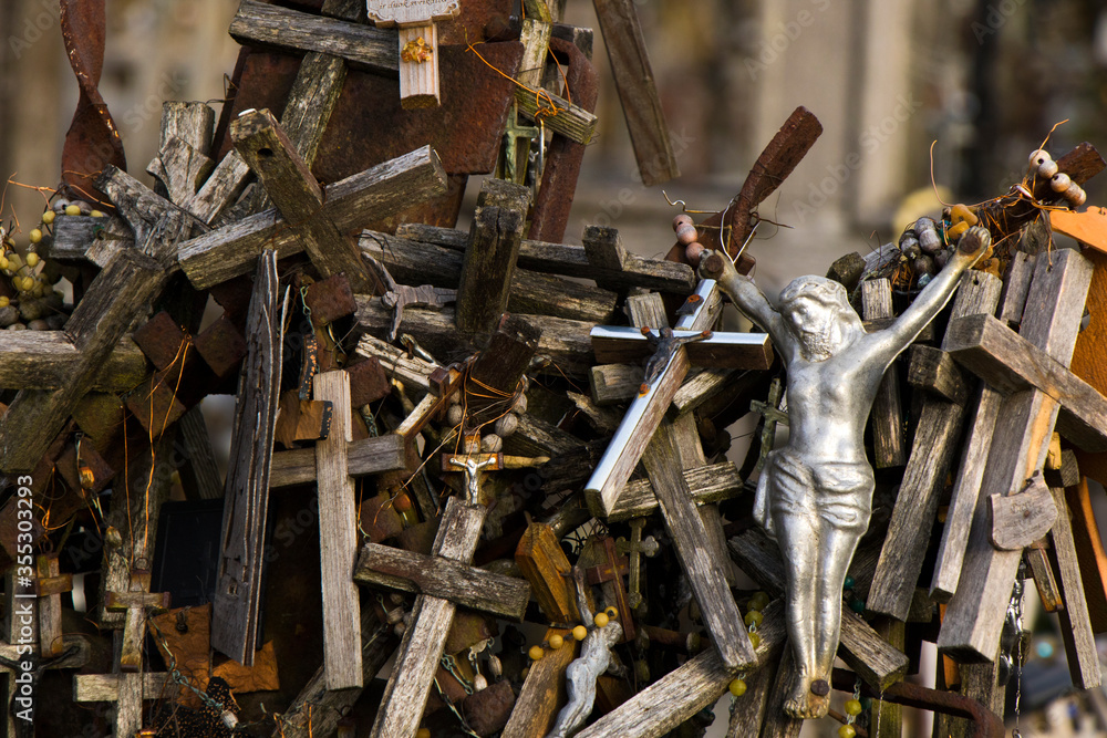 Hill of crosses, large group of crosses on the hill in Lithuania. Famous landmark, must visit place. Hill of crosses, large group of crosses on the hill in Lithuania. Famous landmark, must visit place.