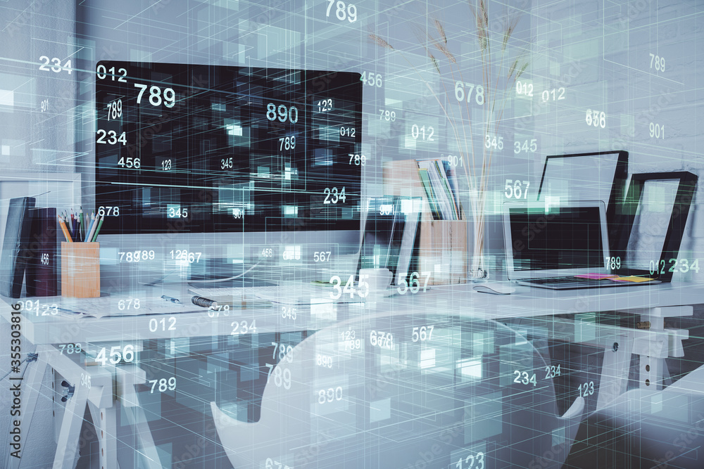 Double exposure of data theme drawing and office interior background. Concept of technology. Double exposure of data theme drawing and office interior background. Concept of technology.