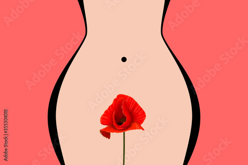 Female figure, woman's hips, poppy flower placed over pubis zone