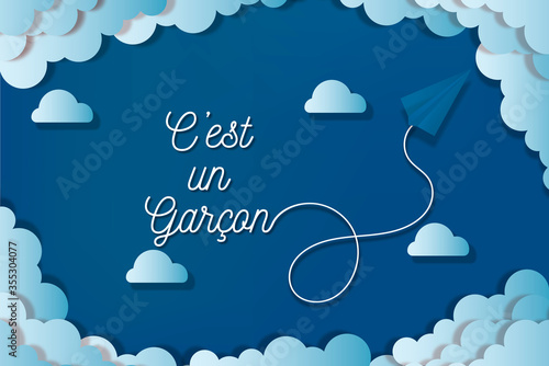 carte ou bandeau c'est un garçon  en blanc avec des nuages bleu en dégradé tout autour sur un fond bleu panthone 2020