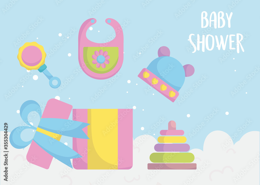 baby shower, gift box pyramid bib hat and rattle cartoon, announce newborn welcome card baby shower, gift box pyramid bib hat and rattle cartoon, announce newborn welcome card