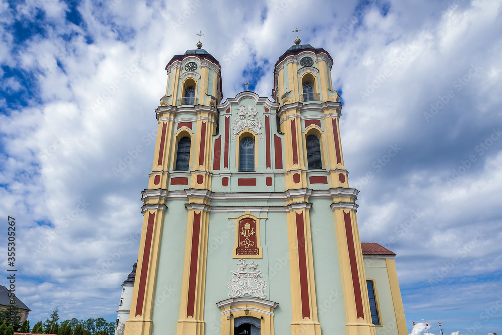 Fototapeta premium Front view of Roman Catholic Basilica of Visitation of Blessed Virgin Mary in Sejny, small town in Podlasie region, Poland