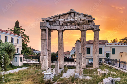 The Gate of Athena Archegetis at sunset at Roman Agora, Athens, Greece.