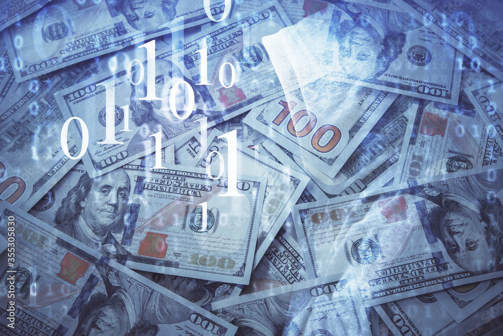 Double exposure of data theme drawing over us dollars bill background. Technology concept. Double exposure of data theme drawing over us dollars bill background. Technology concept.