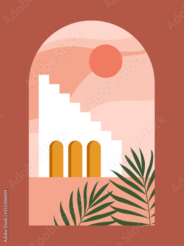 Abstract contemporary aesthetic background with desert landscape, stairs, palm, vases, Sun. Earth tones, burnt orange, terracotta colors. Boho wall decor. Mid century modern minimalist art print.